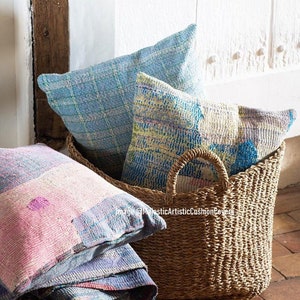 6pcs Set of 18x18 Inches Vintage Kantha Pillow Covers Indian Bohemian Patchwork Kantha Cushion Cover Handmade Antique Kantha Throw Pillow