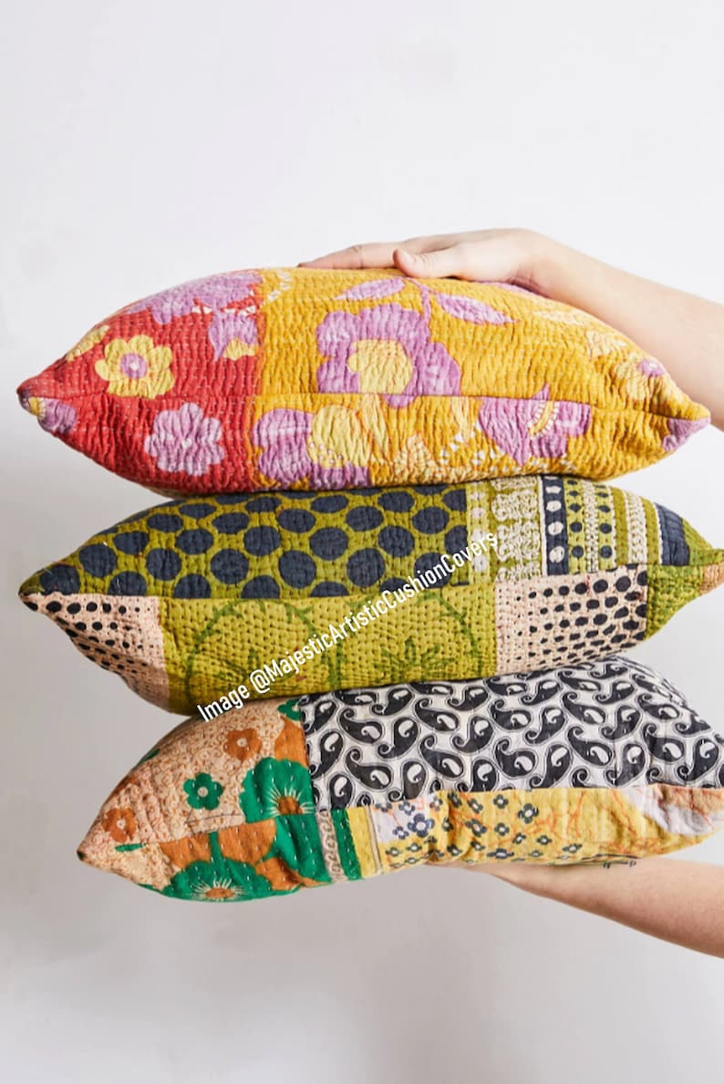 6pcs Set of 18x18 Inches Vintage Kantha Pillow Covers Indian Bohemian Patchwork Kantha Cushion