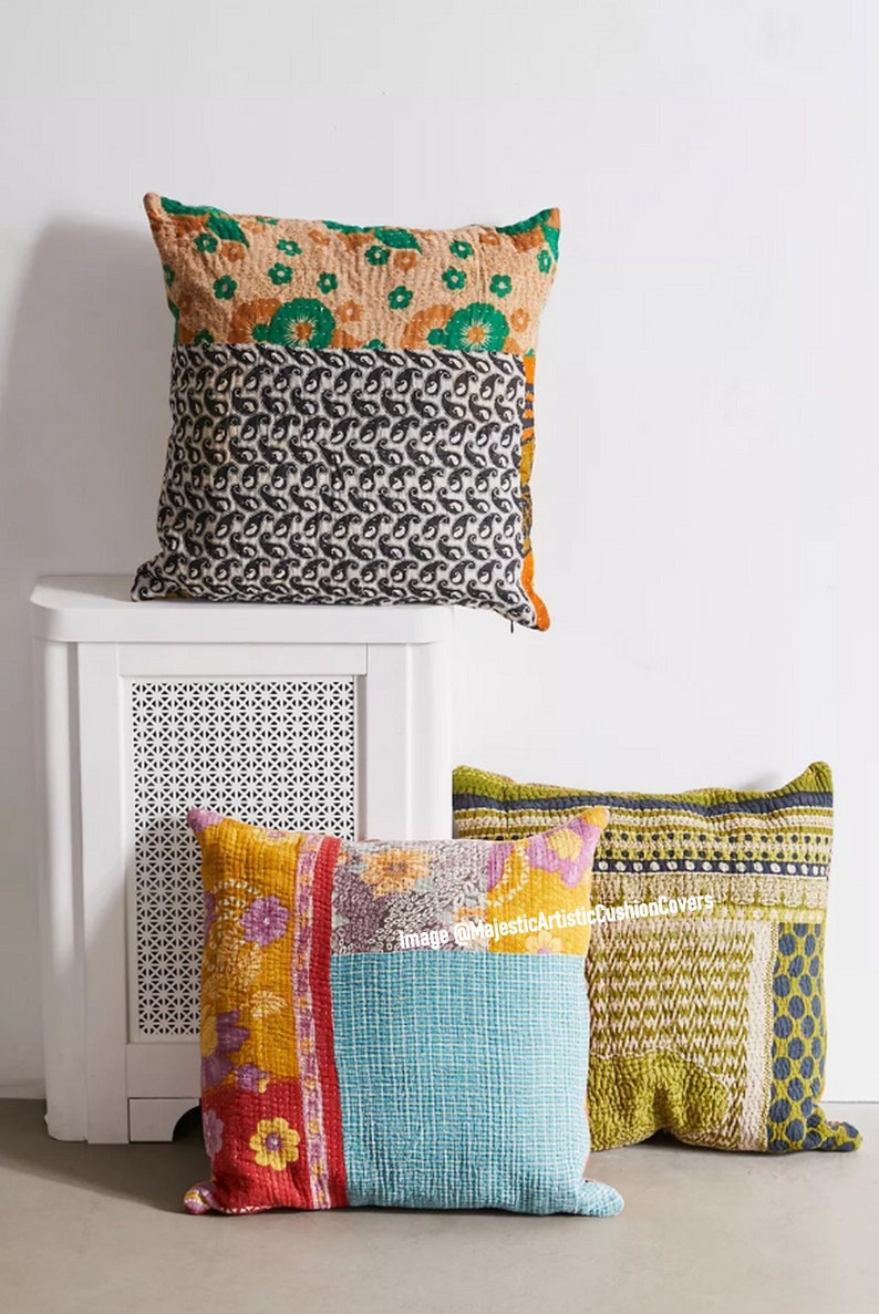 6pcs Set of 18x18 Inches Vintage Kantha Pillow Covers Indian Bohemian Patchwork Kantha Cushion