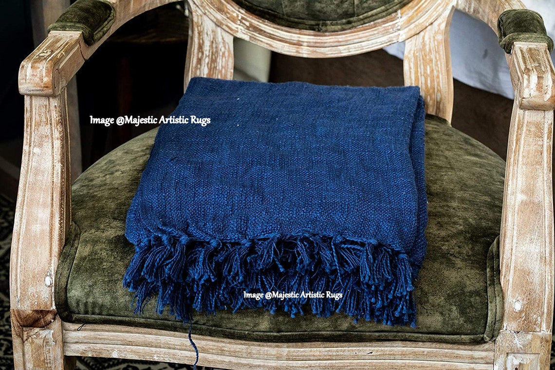 Indigo Navy Blue Cotton Throw, Boho Throw, 100 Cotton Blanket, Beach