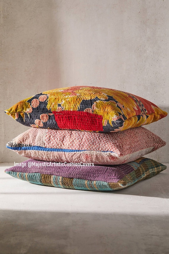 6pcs Set of 16x16 Inches Vintage Kantha Pillow Covers Indian Bohemian Patchwork Kantha Cushion Cover Handmade Antique Kantha Throw Pillow