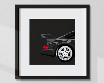 Puede incluir: Una ilustración en blanco y negro de un coche deportivo clásico sobre un fondo negro. El coche se ve desde atrás, mostrando la rueda trasera y la luz trasera.