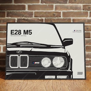 May include: Black and white silhouette of a BMW E28 M5 car with the text "E28 M5" and "Manufactured in Germany". The text "1984-1988 2,248 Produced" is in the top right corner.