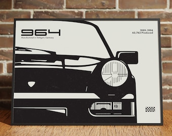 Puede incluir: Ilustración en blanco y negro de un coche Porsche 964. La imagen incluye el texto "964", "Fabricado en Stuttgart, Alemania", "1990-1994" y "63.762 producidos".