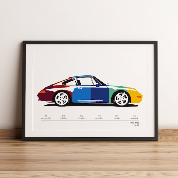 Póster de pared con códigos de color del Porsche 911 993, impresión o lienzo, arte original, decoración para el Día del Padre o cumpleaños, Andy Warhol, coche clásico Carrera refrigerado por aire.