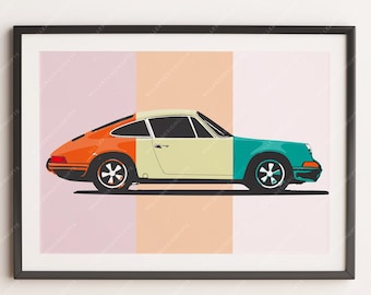 Puede incluir: Una ilustración de estilo vintage de un Porsche 911 clásico en un diseño de dos colores. El coche está pintado en naranja, crema y turquesa sobre un fondo rosa, melocotón y crema. La imagen se titula "CANDYLAND" e incluye el texto "SHOWN ON MUSEUM-QUALITY ARCHIVAL PAPER".