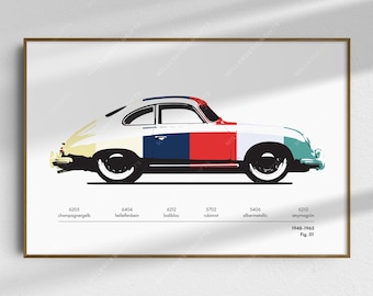 Puede incluir: Una ilustración de un coche Porsche 911 vintage en vista de perfil. El coche está pintado en un esquema de color amarillo champán, azul claro, rojo y verde. La ilustración está etiquetada con los códigos de color y los años 1948-1965, Fig. 01.