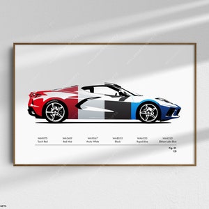 Impression codes couleurs Corvette C8 - oeuvre d'art murale originale - grande affiche ou toile - Chevrolet