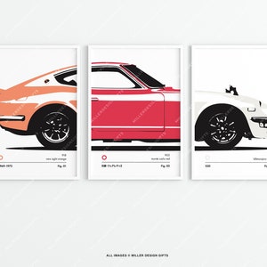Juego de 3 impresiones con códigos de color del Nissan 240Z - Fairlady Z - Póster de arte mural original, regalo del Día del Padre, cumpleaños, Andy Warhol, coche clásico