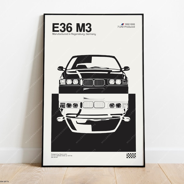 BMW E36 M3 Print - Original Wall Art Poster Decor - Midcentury Modern