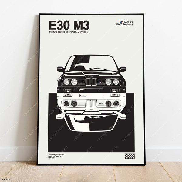 BMW E30 M3 Print - Original Wall Art Poster Decor - Midcentury Modern