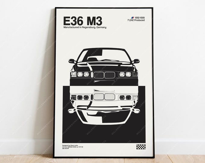 BMW E36 M3 Print Original Wall Art Poster Decor Midcentury Modern - Etsy