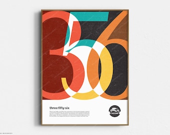 May include: A retro-style poster with the numbers 356 in overlapping circles of red, orange, yellow, white, and teal. The text "three fifty six" is below the numbers, and a small black and white illustration of a car is at the bottom.