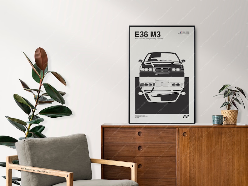 BMW E36 M3 Print - Original Wall Art Poster Decor - Midcentury Modern ...