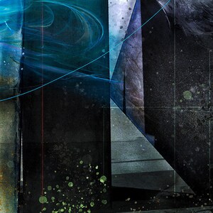 May include: Abstract digital art featuring geometric shapes and a swirling blue design. The background is a dark gray with green and blue splatter paint.