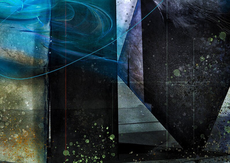 May include: Abstract digital art featuring geometric shapes and a swirling blue design. The background is a dark gray with green and blue splatter paint.