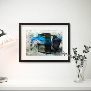 May include: Abstract art print featuring a white horse emerging from a geometric shape with blue and black accents on a textured background.