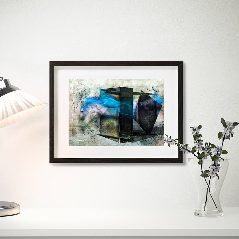 May include: Abstract art print featuring a white horse emerging from a geometric shape with blue and black accents on a textured background.