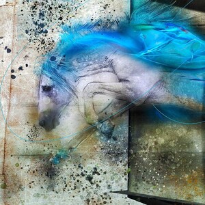 May include: Abstract digital art painting of a white horse leaping with a blue and white background. The horse is in mid-air with its legs extended. The background is a mix of blue, white, and gray.