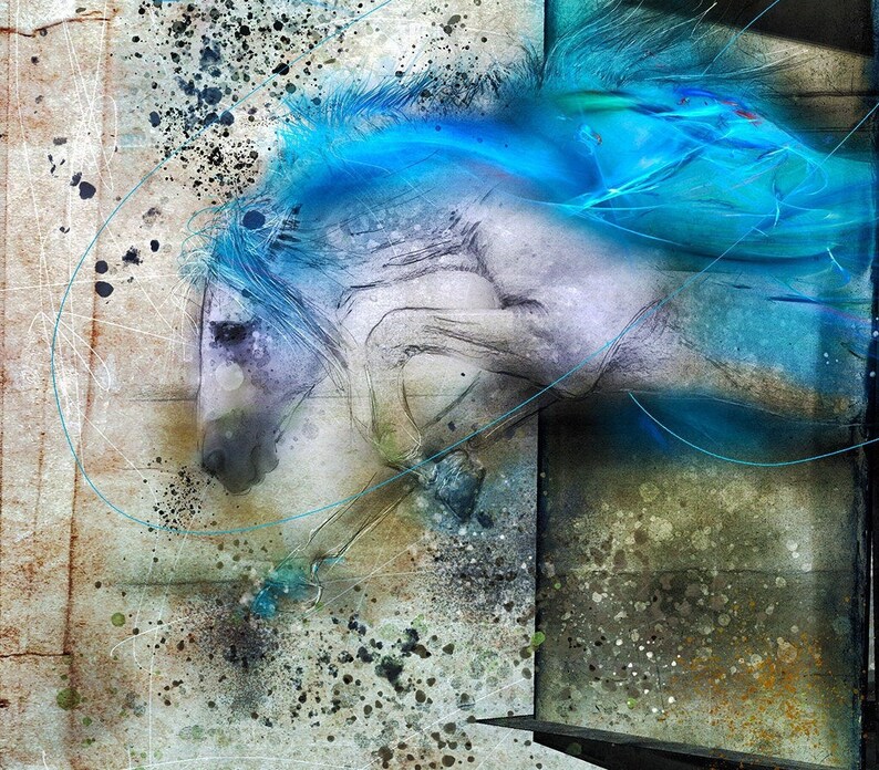 May include: Abstract digital art painting of a white horse leaping with a blue and white background. The horse is in mid-air with its legs extended. The background is a mix of blue, white, and gray.