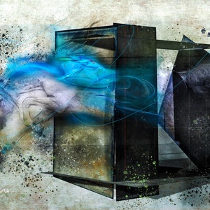 May include: Abstract digital art featuring a white horse leaping through a blue and black geometric structure. The horse is partially obscured by the structure, creating a sense of movement and energy.