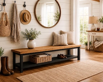 Banc en bois massif Nordlicht Noir | Banc d'entrée artisanal avec rangement | Banc en bois | Mobilier rustique | Style champêtre