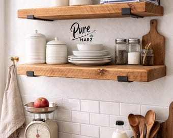 Étagère murale en bois avec supports – étagère en bois massif de style campagnard | Étagère de cuisine rustique