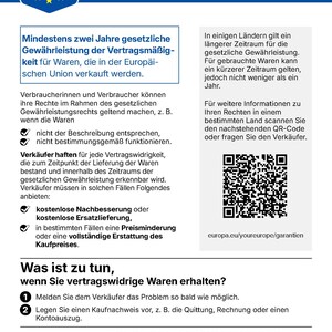 Może przedstawiać: Dokument informacyjny zatytułowany GESETZLICHE GEW&Auml;HRLEISTUNG z niebieskim nagł&oacute;wkiem i godłem Unii Europejskiej. Tekst opisuje prawa konsument&oacute;w dotyczące gwarancji, zawiera kod QR oraz adres internetowy europa.eu/youreurope/garantien.
