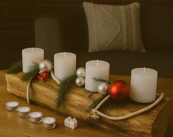 Couronne de l'Avent en chêne recyclé | Poutre de l'Avent rustique | Décorations de Noël artisanales en bois ancien | Bougeoir en bois recyclé