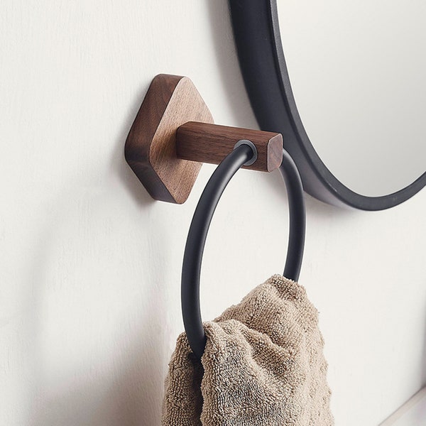 badkamer handdoekring zwart, keukenhanddoekhouder, gepersonaliseerde Hedendaagse houten Handdoekrek, Badhanddoekhouder Hangers Wandopslag