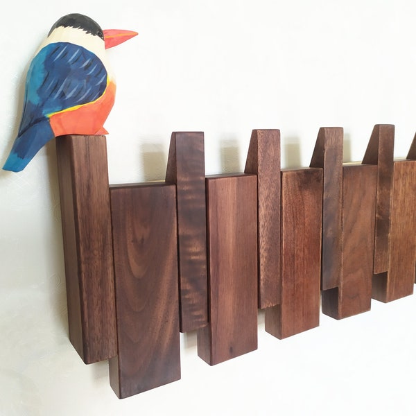 Walnut wood Coat Rack Wall Mounted with wood bird decor,Wall Hook Rack with 8 Coat Hooks，handmade gift