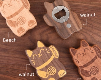 ouvre-bouteille en bois fait à la main cadeau d’été, cadeaux de chat pour les amoureux des chats-Cadeaux de la fête des pères Ouvre-bouteille magnétique Aimants de réfrigérateur, cadeaux pour papa