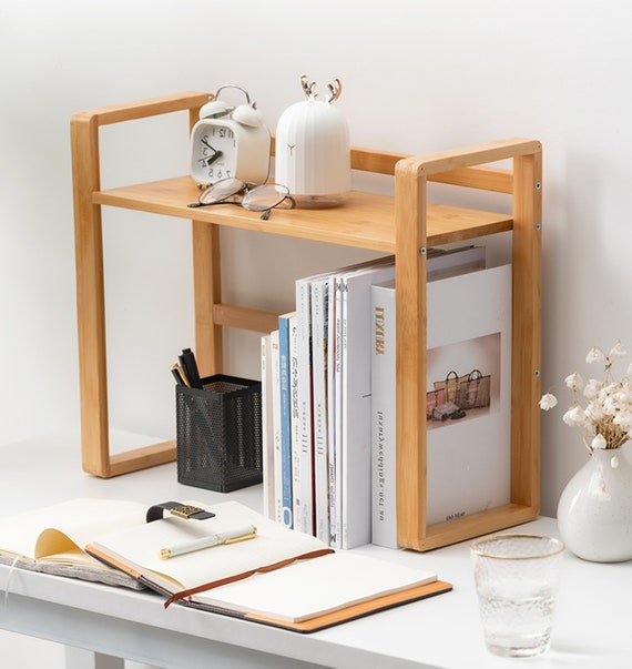 Desk Shelf Organizer bamboo Table Rack wood Desktop Bookshelf Kid