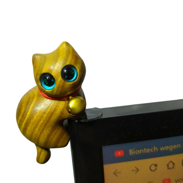 Jolie figurine de chat en bois, cadeau drôle de décoration de bureau pour la décoration de bureau d'écran d'ordinateur de bureau à domicile, accessoires de bureau