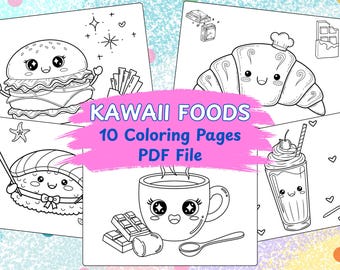 Kawaii Food Coloring Pages, Illustrations (PDF/PNG Download, US Letter/A4 Size)