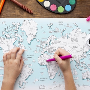 Poster à colorier de carte du monde pour enfants dessinée à la main – éducatif et amusant – art mural imprimable pour chambre d'enfant