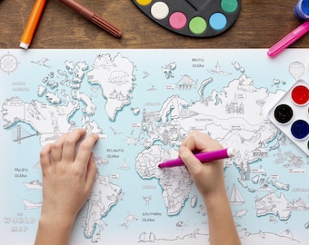 Interactive World Map Coloring Poster PDF – Educational Geography Activity for Kids | Instant Digital Download