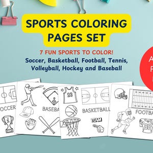 Printable Sports Coloring Pages for Kids, Soccer, Basketball, Football, Tennis, Volleyball, Hockey and Baseball Activity Set
