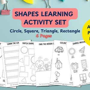 Puede incluir: Un conjunto de seis páginas de actividades imprimibles para aprender formas, incluyendo círculos, cuadrados, triángulos y rectángulos. Las páginas presentan actividades para colorear y ejercicios de reconocimiento de formas. Se muestra el texto "Shapes Learning Activity Set".