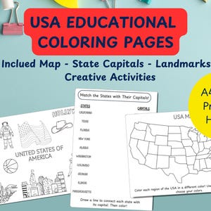 May include: Educational coloring pages featuring the USA, including maps, state capitals, landmarks, and creative activities. The pages are A4 size and designed for printing at home. Includes illustrations of the United States of America.
