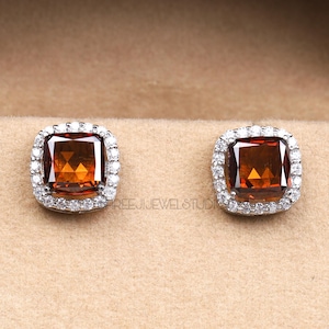 Cushion Cut Lab Grown Diamond Earring Pair Halo Stud Earring 14k White Gold Push Back Earring Fancy Brown Color Cushion Cut Earring Pairs