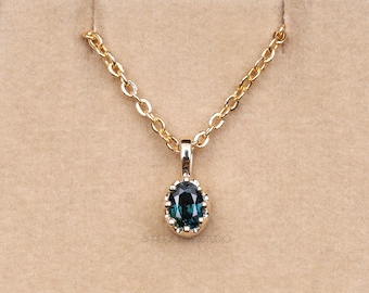 Oval Cut Sapphire Pendant Solitaire Pendant Teal Green Sapphire Pendant Yellow Gold Pendant   Minimalist Pendant For Valentine Gift For Her