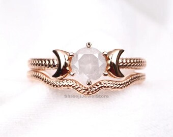 Anillo de compromiso con diamantes de color blanco hielo y sal y pimienta, anillo de oro rosa de 14 k, anillo celestial, anillos apilables, anillo de boda minimalista.