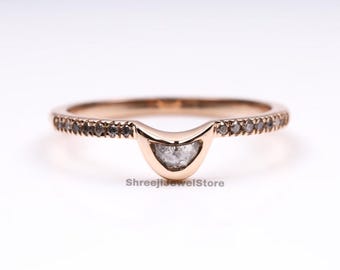 Salt and Pepper Unique Engagement Ring Half Moon Diamond Ring Crescent Diamond Wedding Ring 14K Gold Ring Custom Handmade Ring Gift For Her