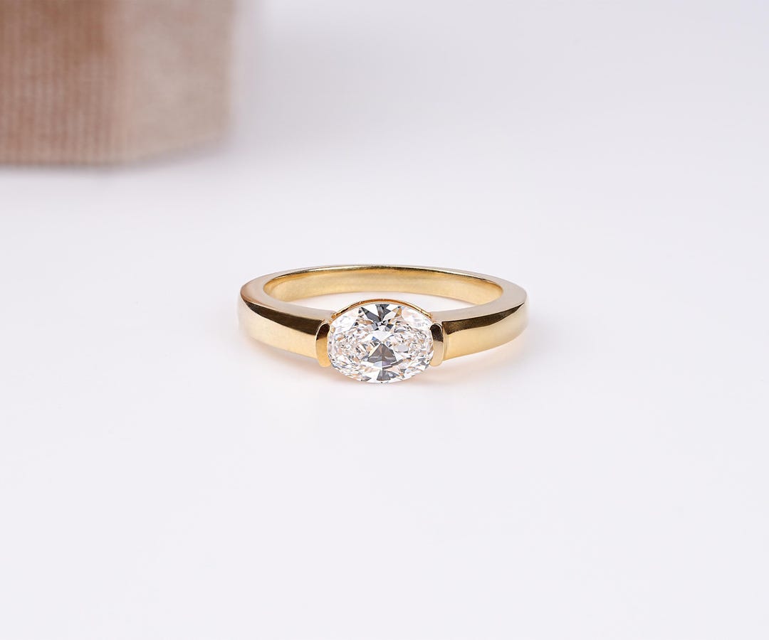 East West Set Oval Diamond Ring, Lab Grown Diamond Ring, Half Bezel ...