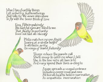 The Seven Birds of Love - an illustrated illuminated poem postcard
