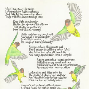 Los siete pájaros del amor: una postal ilustrada con un poema iluminado