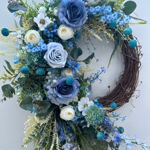 Blauwe bloemen lentekrans/zomerkrans/voordeur decor/het hele jaar door krans/Corona de Flores