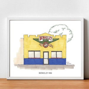 May include: A watercolor illustration of a yellow building with a green and red sign that says "Berkeley Inn". The building has a blue base and three windows. There is a tree in the background.