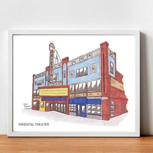 May include: A hand-drawn illustration of the Oriental Theater, a historic building with a red brick facade, blue windows, and a yellow marquee. The building has a tall sign that reads "Oriental" in red letters.